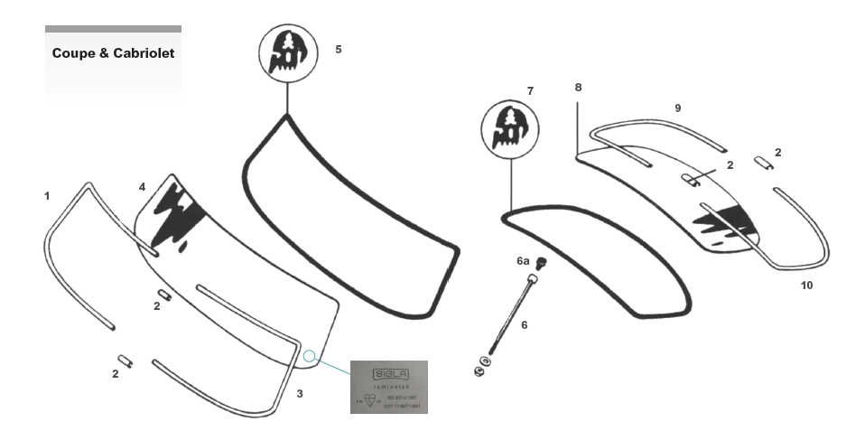 Coupe and Cabriolet Windshields and Trim—Front and Rear