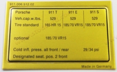 911-006-512-20 Vehicle Capacities and Tire Pressure Decal. Fits 911 1972-1973 