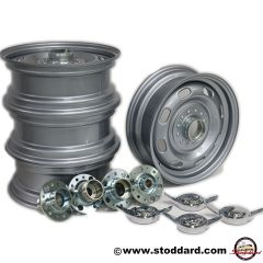 644-68-010-SET Rudge Wheel Set of Four, 15 x 5.5 Inch, With Hubs and Knock-Offs. Silver Painted. New Production from Germany. 64468010