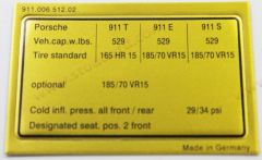 911-006-512-20 Vehicle Capacities and Tire Pressure Decal. Fits 911 1972-1973 