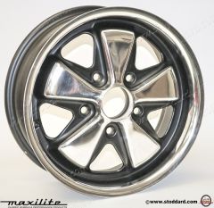 911-361-020-00-6PB Maxilite Fuchs Style Wheel 15 x 6-inch ET 36mm Offset Polished Lip and Petals, Black Insets.   