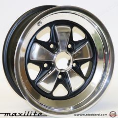 911-361-020-11-7PB Maxilite Fuchs Style Wheel 15 x 7-inch 23.3mm Offset Polished LIp and Petals, Black Insets